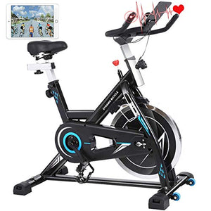 FUNMILY Indoor Cycling Bike - Stationary Exercise Bikes with LCD Monitor, Adjustable Resistance, Pad/Phone Holder, Heart Rate, Quiet for Home/ Office Workout (Black)