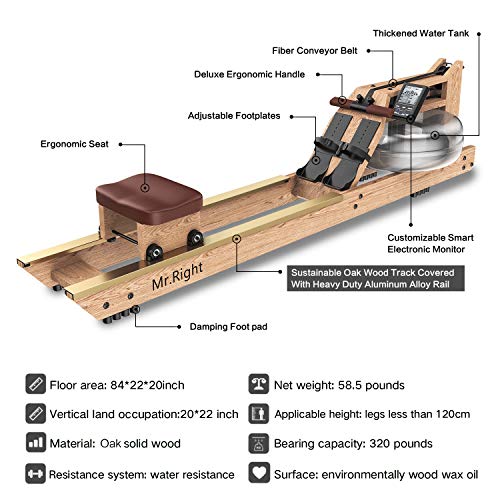 Mr. right Water Rowing Machine for Home Use,Oak Wood Water Rower with Bluetooth LCD Monitor, Indoor Gyms Training Sports Exercise Equipment Fitness