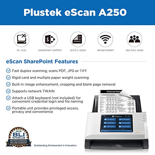 Plustek eScan SharePoint A250 - Network Scanner Dedicated for Microsoft SharePoint and Office 365 - Standalone (PC-Less), 7" Color Touchscreen - 50-Sheet Automatic Document Feeder