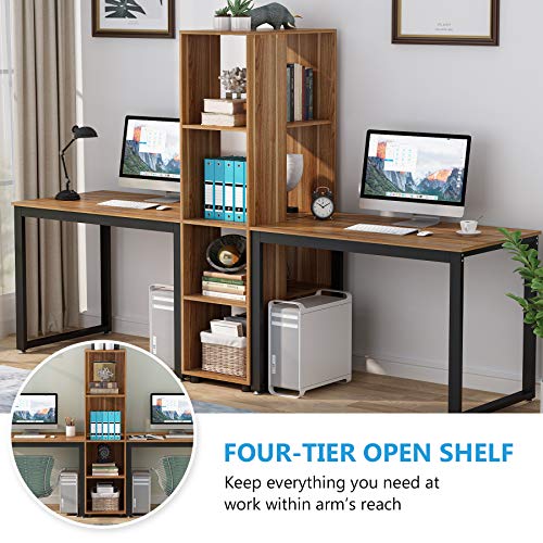 Tribesigns Double Computer Desk with Bookshelf, 91.7 Inches Extra Long Two Person Desk with Storage Shelves, Writing Desk Workstation for Home Office (Brown)