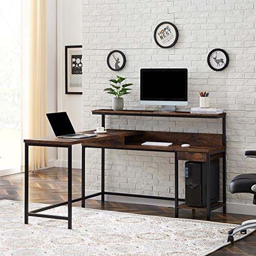 Merax L-Shaped Computer Monitor Shelf and CPU Stand, Industrial Corner Office Study Large Workstation Desk Table, 55.9" L x 55.1" W x 38" H, Tiger