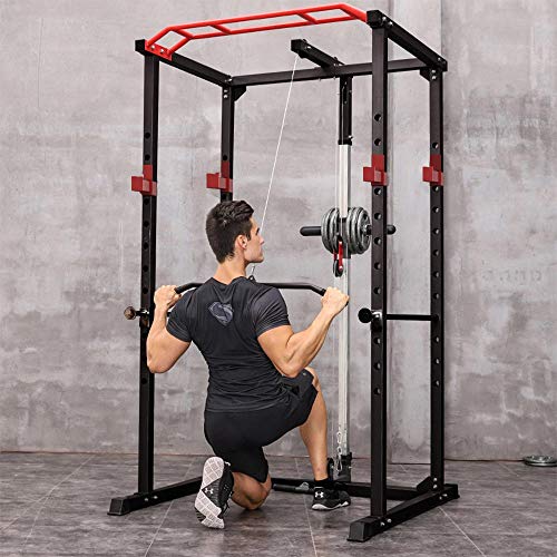 Power Cage 1000-Pound Capacity Exercise Stand Olympic Squat Cage Power Rack with LAT Pull-Down Attachment, Multi-Grip Pull-up Bar and Dip Handle for Men Women Strength Training Home Gym Equipment