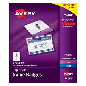 Avery Top-Loading Clip Style Name Badges, 2-1/4" x 3-1/2", Box of 100, Case Pack of 5 (74461)