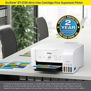 Epson EcoTank ET-2720 Wireless Color Inkjet All-in-One Supertank Printer for Home Office, White - Print Scan Copy - Voice Activated, 10.5 ppm, 5760 x 1440 dpi, 1.44" LCD, Ethernet, Borderless Print