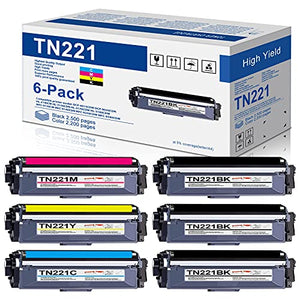 6-Pack(3BK+1C+1M+1Y) Compatible TN221 TN-221 Toner Cartridge Replacement for Brother TN 221 HL3170CDW HL-3170CDW HL3140CW HL3180CDW MFC9130CW MFC9330CDW MFC9340CDW Printer