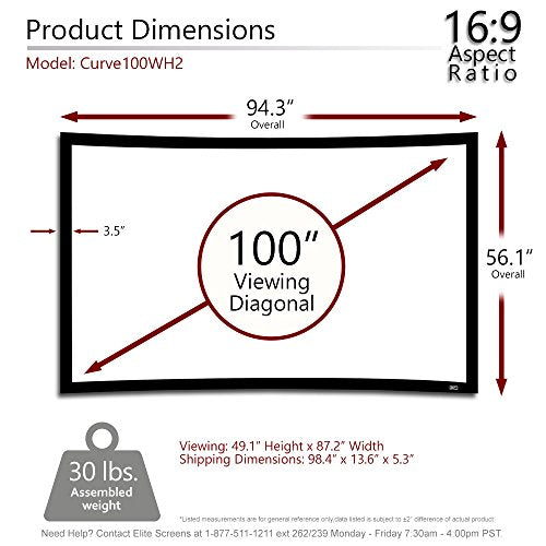 Elite Screens Lunette 2 Series, 100-inch Diagonal 16:9, Curved Home Theater Fixed Frame Projector Screen, CURVE100WH2