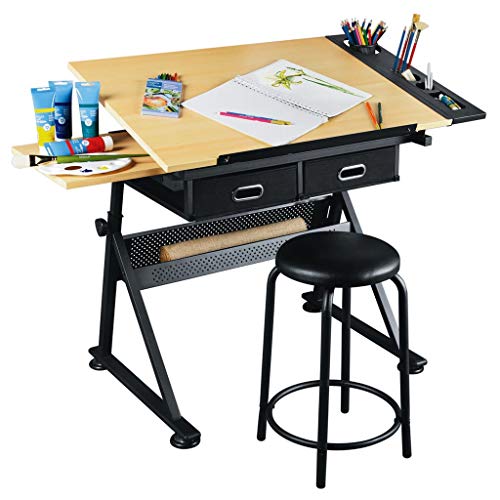 Lgan Tiltable Drawing Table, Adjustable Art Desk, with Storage Craft Table, Drafting Table Maple Panel, Child Adult Drawing Desk