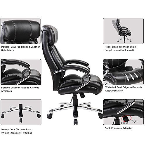 United Office Chair 9352BR 9352Bk High Back Leather Big and Tall 400 LBS Executive Swivel Office Computer Desk Chair (Black)