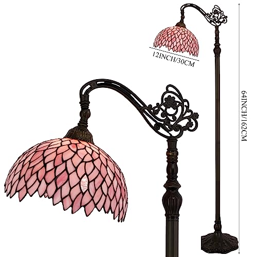 WERFACTORY Tiffany Floor Lamp Pink Stained Glass Wisteria Light 12X12X66 Inches Pole Torchiere