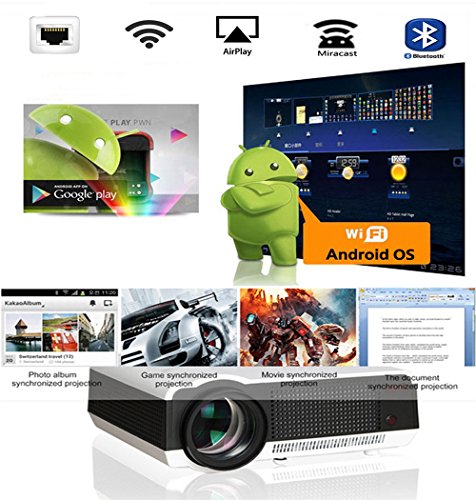 Gzunelic 4500 lumens Android WiFi 1080p Video Projector LCD LED Full HD Theater Proyector with Bluetooth Wireless Synchronize to Smart Phone by Airplay or Miracast Ideal for Home Entertainment
