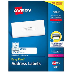 Avery Mailing Address Labels, Laser Printers, 5,000 Labels, 1 x 4, Permanent Adhesive, 2 Packs (5961)