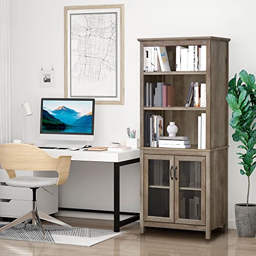 HOMCOM 71" Bookcase Storage Hutch Cabinet with Adjustable Shelves, Glass Doors - Natural Wood