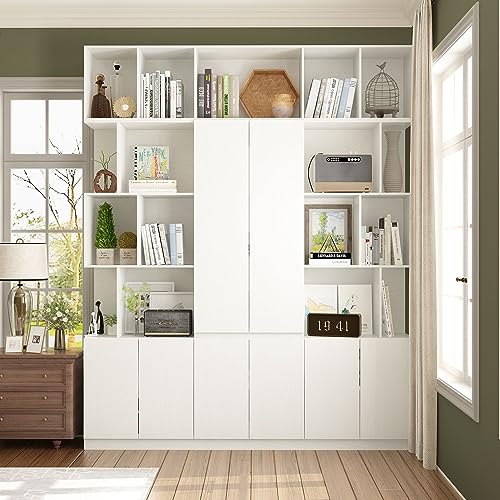 FAMAPY Wide Cube Storage Bookshelf with Doors and Shelves, White - 70.9”W x 11.8”D x 87”H
