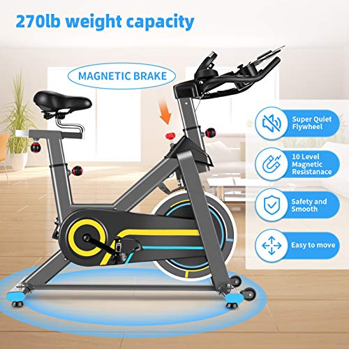 FUNMILY Indoor Cycling Bike, Stationary Exercise Cycle for Home Cardio Workout Fitness with 10 Level Adjustable Magnetic Resistance, LCD Monitor, Larger Seat and Heart Rate Handlebar