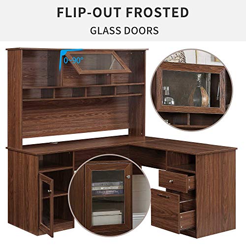 Home Office L-Shaped Desk with Hutch and Glass Doors, Writing Workstation with Storage Shelves and File Cabinet for Home Office | Bookshelf Dual Positioning Options (Brown)