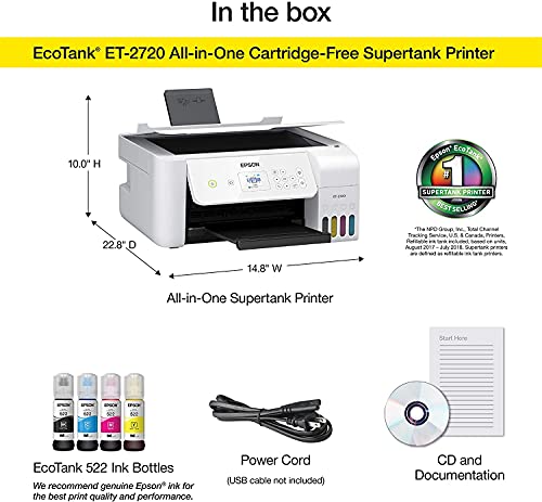 Epson EcoTank ET 2720 Series All-in-One Supertank Inkjet Printer for Cartridge-Free Home Printing, Wireless, Scan, Print, Copy - U Deal