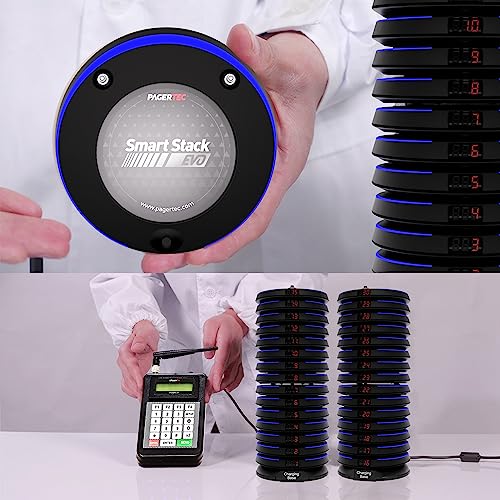 PagerTec Wireless Smart Stack EVO Pagers Calling System for Restaurants, Hospitals, Office & Hotels | 1 Transmitter, 1 Charging Bases & 50 Long Range Blue Pagers