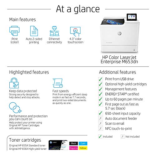 HP Color LaserJet Enterprise M653dn Printer with Duplex Printing (J8A04A)