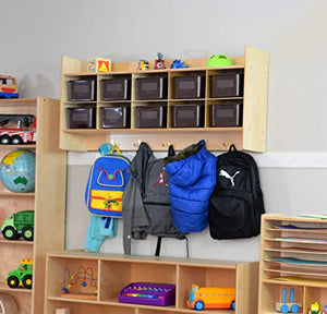 Contender 10 Section Wall Cubby Shelve with Brown Plastic Storage Containers for organizing House and Playrooms, 100% Plywood and UV Finish