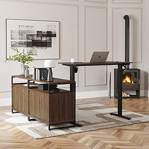 FEZIBO L Shaped Standing Desk with File Cabinet, Electric Height Adjustable, Modern Wood Computer Desk - Black Frame/Dark Walnut Top