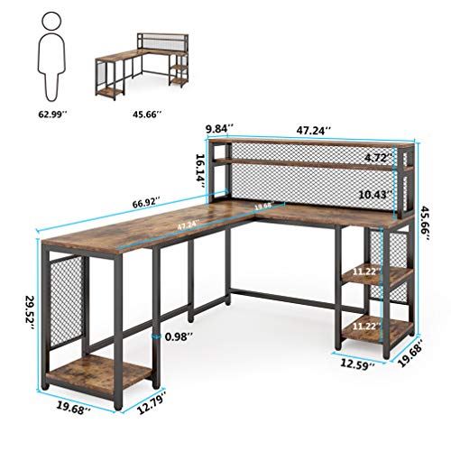 Tribesigns 67" Large Computer Desk with Hutch, Office Desk Study Table Writing Desk Workstation with 5 Storage Shelves 2 Tier Bookshelf for Home Office (Rustic Brown)
