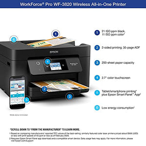 Epson Workforce Pro WF-3820 All-in-One Wireless Color Inkjet Printer, Black - Print Scan Copy Fax - 21 ppm, 4800 x 2400 dpi, 8.5 x 14, Auto 2-Sided Printing, 35-Sheet ADF, Ethernet