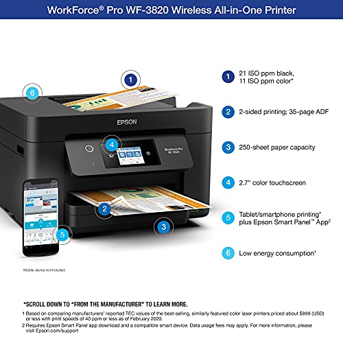 Epson Workforce Pro WF-3820 All-in-One Wireless Color Inkjet Printer, Black - Print Scan Copy Fax - 21 ppm, 4800 x 2400 dpi, 8.5 x 14, Auto 2-Sided Printing, 35-Sheet ADF, Ethernet