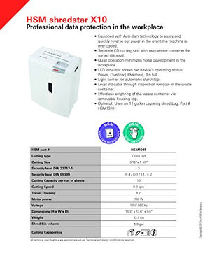 HSM X10 Shredstar 10-Sheet, Cross-Cut, 5.3 gal Capacity Paper Shredder with Separate CD Slot, White