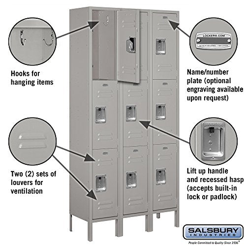 Salsbury Industries 63362GY-U Triple Tier 36-Inch Wide 6-Feet High 12-Inch Deep Unassembled Standard Metal Locker, Gray