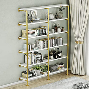 MAIKAILUN 6-Tier 60" Industrial Pipe Shelving, Gold Bookshelf - White/Gold Shelves - Modern Bookcase Metal - Mid Century - Wall Mount Decor - Living Room Retail Shelving (59.1x9.8x84.6)