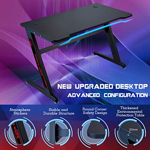 FERGHANA Gaming Desk Z-Shape Large Size 47 inch, Black Gaming Computer Desk with Carbon Fiber Surface, Durable Frame, Racing Style for Home, Office,Dormitory,Internet Bar(Black)