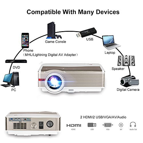 EUG 5000Lumens LCD LED Projector 1080P HD Supported 200" Display Multimedia WXGA Home Theater Projector with HDMI Cable Compatible with Laptop TV Stick Chromecast Roku Xbox Wii Outdoor Movie Proyector