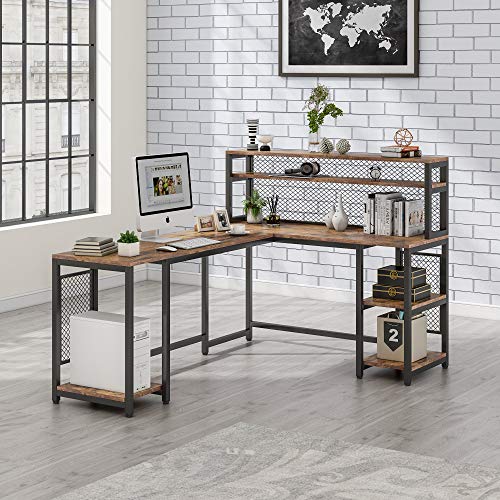 Tribesigns 67" Large Computer Desk with Hutch, Office Desk Study Table Writing Desk Workstation with 5 Storage Shelves 2 Tier Bookshelf for Home Office (Rustic Brown)