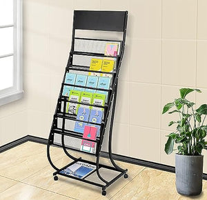 HACSYP Brochure Display Stand with Wheels, Floor-Standing Magazine Holder (Black)