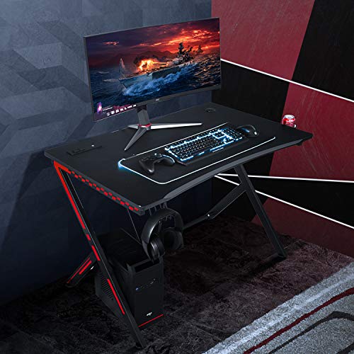Gaming Desk 46" with USB Port, Racing Style Computer Desk with Cup Holder and Headphone Hook, Gaming PC Desk for Home Office Workstation 46" W x 29.5" D, Black