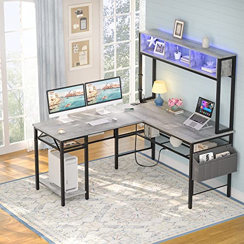 Unikito L Shaped Computer Desk with LED Strip, Power Outlets, Storage Shelves, Bag, USB Port - White Oak
