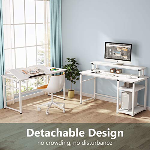 Tribesigns L-Shaped Computer Desk with Monitor Stand Riser, 70.8 inches Corner Computer Desk Study Writing Workstation Drafting Table with Tiltable Drawing Board for Home Office Use (White)