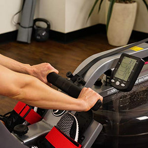 Sunny Health & Fitness Water Rowing Machine Rower w/ LCD Monitor, 265 Max Weight, Adjustable Footpads and Foldable 48" Aluminum Slide Rail - SF-RW5866, Gray