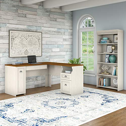 Bush Furniture Fairview L Shaped Desk and 5 Shelf Bookcase in Antique White