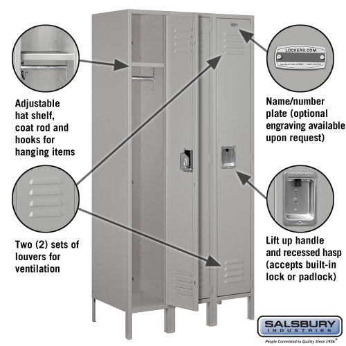 Salsbury Industries 61368GY-U Standard Metal Locker Single Tier 3 Wide 6 Feet High 18-Inch Deep Gray Unassembled Gray