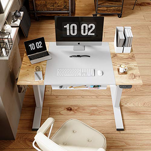 FEZIBO Height Adjustable Electric Standing Desk, 48 x 24 Inch Stand Up Table, Sit Stand Desk with Splice Board, White Frame/Light Rustic and White Top