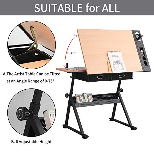 Waful Drafting Drawing Art Table Desk with Tiltable Tabletop and Storage Drawers