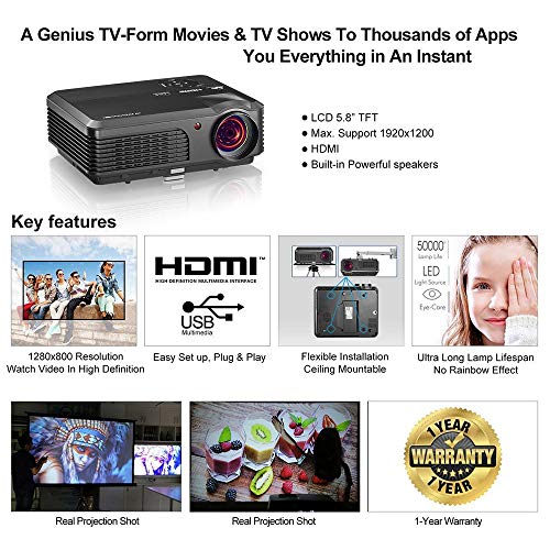 Bluetooth Smart Wi-Fi HD Projector Portable LCD LED 4400 Lumen Home Theater Video Projectors 1080P Full HD Airplay Wireless Display, HDMI USB VGA AV RCA Audio, for Movies Games Indoor Outdoor