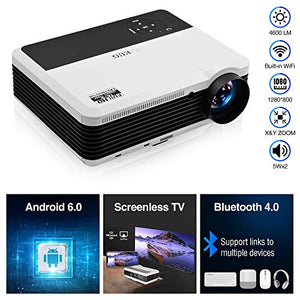 EUG HD Wireless Smart LCD LED Projector with Bluetooth 4600 Lumen, 1080P Supported Android 6.0 OS HDMI USB for Smartphone DVD Roku TV Stick Kodi YouTube Laptop PC Wii Xbox Playstation