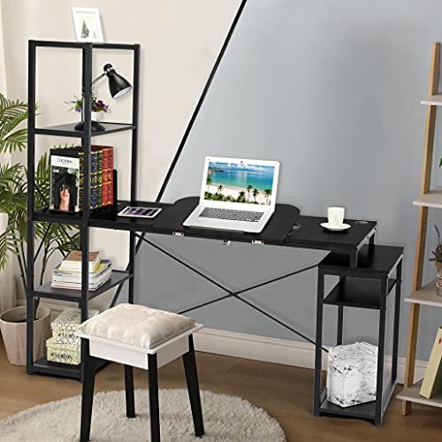 CYCY Large Drafting Drawing Table with 5-Tier Shelves, Multi-Function Large Pc Study Writing Table Corner Art Desk Workstation with Tiltable Tabletop for Home, Suitable for Artist or Student (Black)