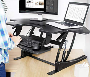 VIVO Black Corner Height Adjustable 43 inch Cubicle Standing Desk Converter, Quick Sit to Stand Tabletop Dual Monitor Riser, DESK-V000VC