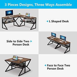 Tribesigns 3 Piece K-Frame L-Shaped Desk with Bookshelf, Corner Computer Office Desk PC Laptop Gaming Table Workstation with Open Storage Shelves for Home Office, Rustic Brown