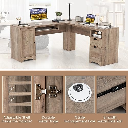 Tangkula L-Shaped Office Desk with Keyboard Tray, Storage Drawers & Cabinet