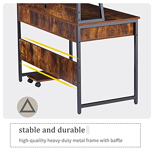 Rustic Wood Computer Desk with Hutch & Bookshelf for Home Office Dorm, Sturdy Gaming Table Study Writing Desk Workstation with Storage Drawers, Wheeled CPU Stand & Metal Frame for Small Spaces (Brown)