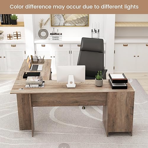 Tangkula L-Shaped Office Desk with Keyboard Tray, Storage Drawers & Cabinet